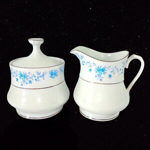 Vintage China Pearl Helen Creamer With Blue Flower Silver Trim Sugar Cream‎ 4”T